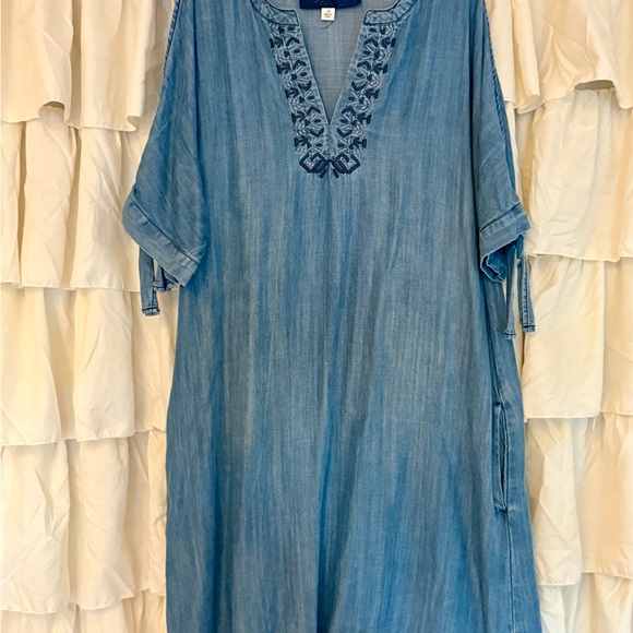 Blue Rain Chambray Dress with Embroidered Neckline - Picture 1 of 1